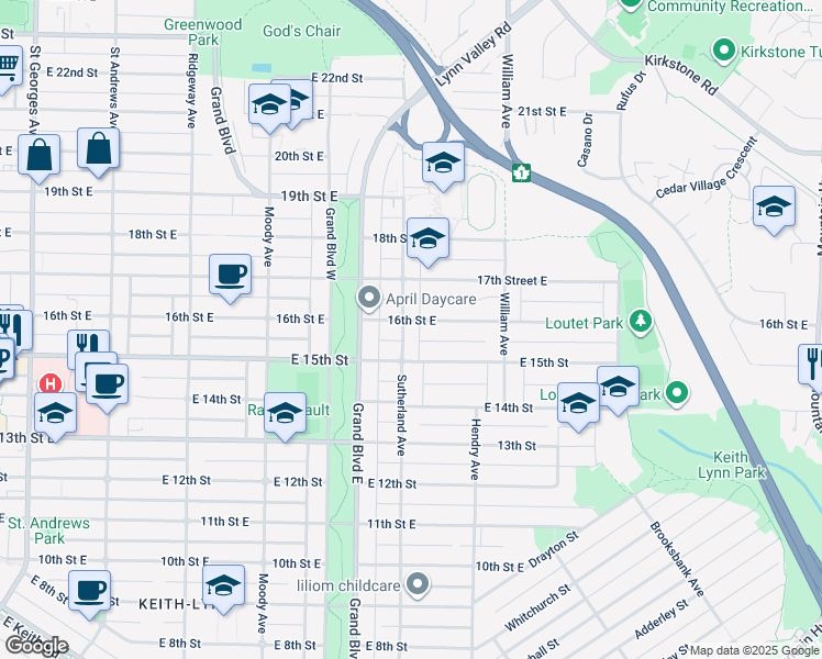 map of restaurants, bars, coffee shops, grocery stores, and more near 1544 Sutherland Avenue in North Vancouver
