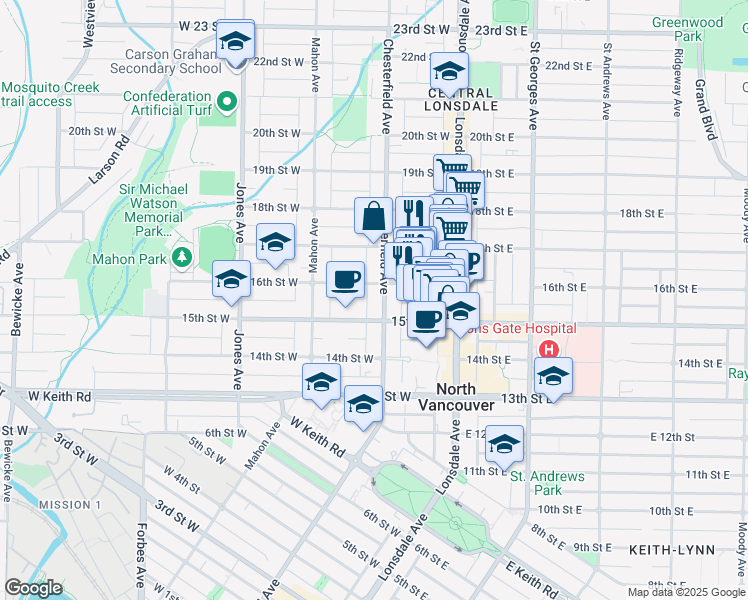 map of restaurants, bars, coffee shops, grocery stores, and more near 1535 Chesterfield Avenue in North Vancouver