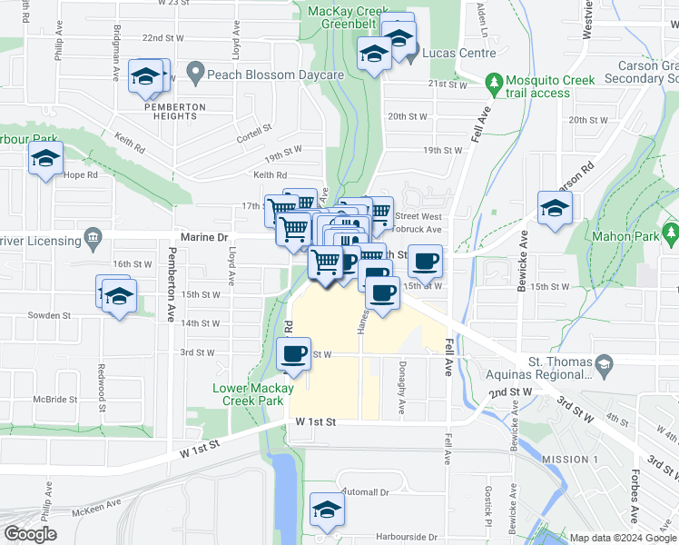map of restaurants, bars, coffee shops, grocery stores, and more near 943 Marine Drive in North Vancouver