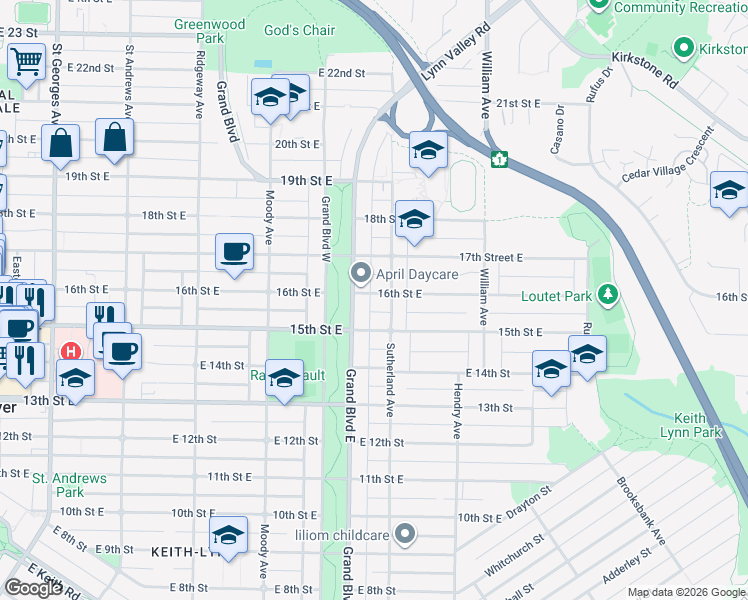 map of restaurants, bars, coffee shops, grocery stores, and more near in North Vancouver