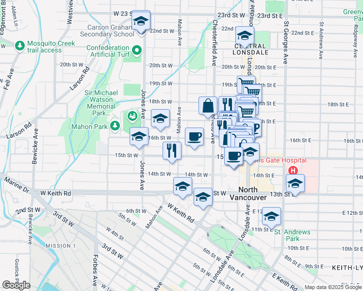 map of restaurants, bars, coffee shops, grocery stores, and more near 1524 Mahon Avenue in North Vancouver