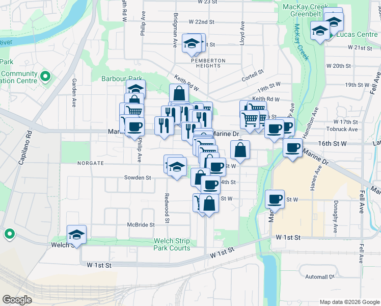 map of restaurants, bars, coffee shops, grocery stores, and more near 1233 16th Street West in North Vancouver