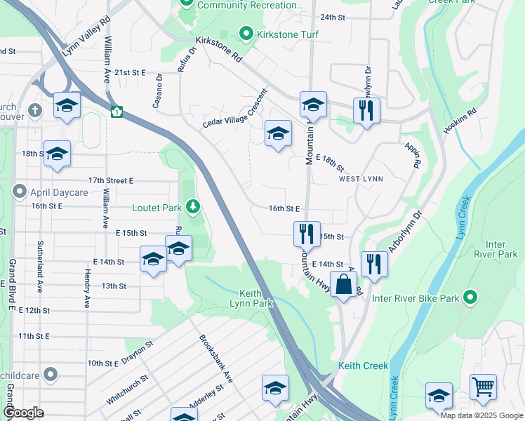 map of restaurants, bars, coffee shops, grocery stores, and more near 1723 Rufus Drive in North Vancouver