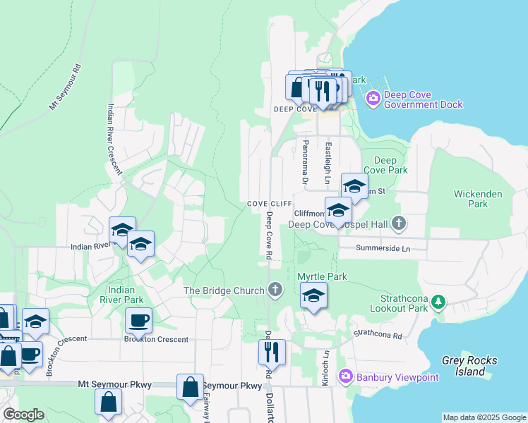 map of restaurants, bars, coffee shops, grocery stores, and more near 1777 Deep Cove Road in North Vancouver