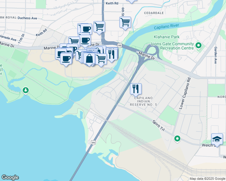 map of restaurants, bars, coffee shops, grocery stores, and more near Raindance Crescent in West Vancouver