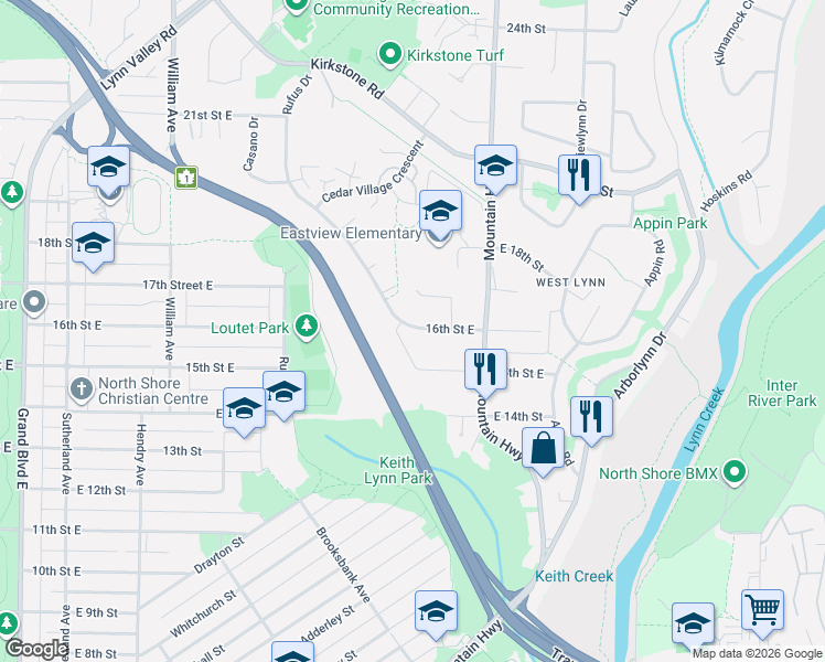 map of restaurants, bars, coffee shops, grocery stores, and more near 1741 Rufus Drive in North Vancouver
