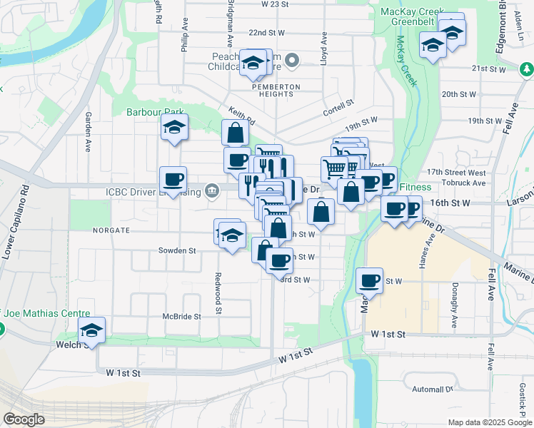 map of restaurants, bars, coffee shops, grocery stores, and more near 1201 16th Street West in North Vancouver