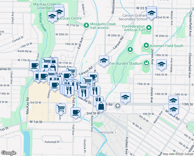 map of restaurants, bars, coffee shops, grocery stores, and more near 1534 Bewicke Avenue in North Vancouver