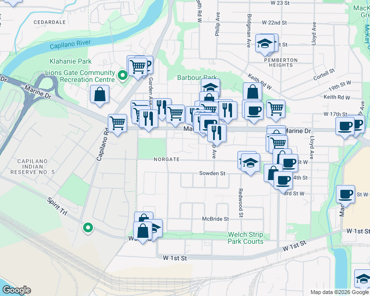map of restaurants, bars, coffee shops, grocery stores, and more near 1538 Bowser Avenue in North Vancouver