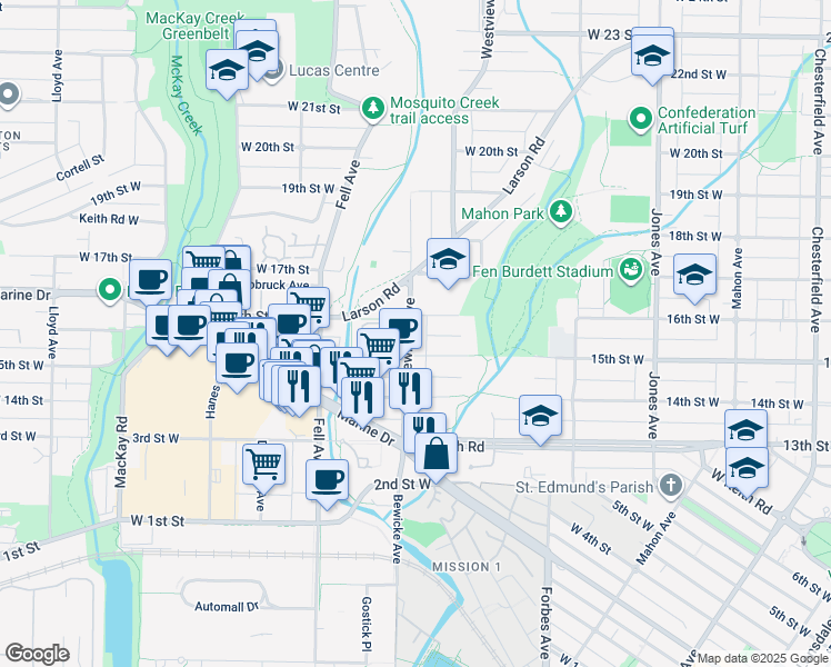 map of restaurants, bars, coffee shops, grocery stores, and more near 1534 Bewicke Avenue in North Vancouver