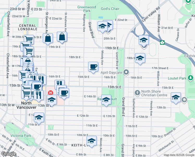 map of restaurants, bars, coffee shops, grocery stores, and more near 453 East 16th Avenue in Vancouver