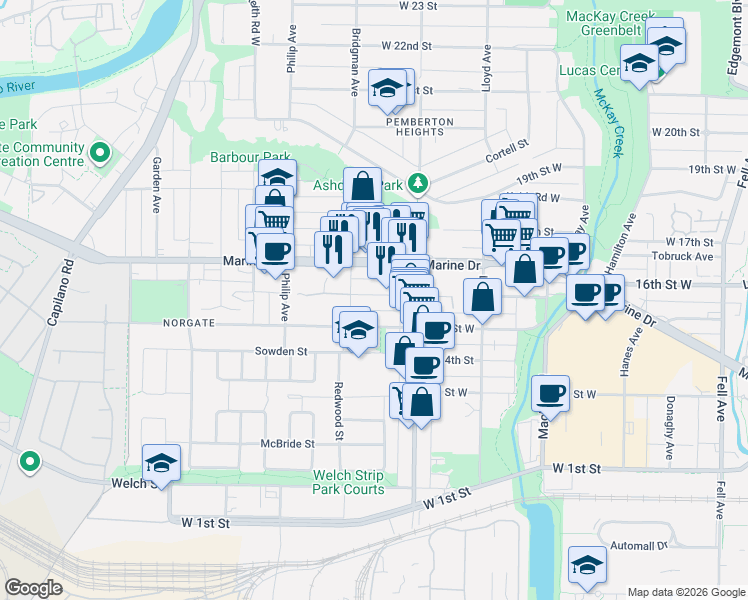 map of restaurants, bars, coffee shops, grocery stores, and more near 1263 16th Street West in North Vancouver