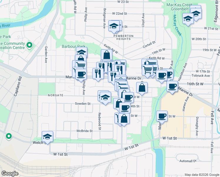 map of restaurants, bars, coffee shops, grocery stores, and more near 1263 16th Street West in North Vancouver
