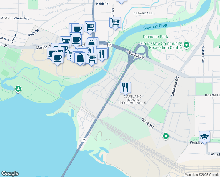 map of restaurants, bars, coffee shops, grocery stores, and more near 215 Tomahawk Avenue in West Vancouver