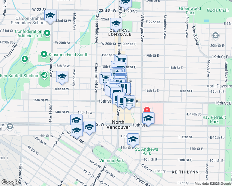 map of restaurants, bars, coffee shops, grocery stores, and more near 1529 Lonsdale Avenue in North Vancouver