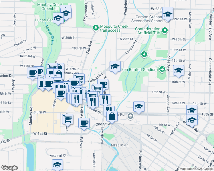 map of restaurants, bars, coffee shops, grocery stores, and more near 1534 Bewicke Avenue in North Vancouver