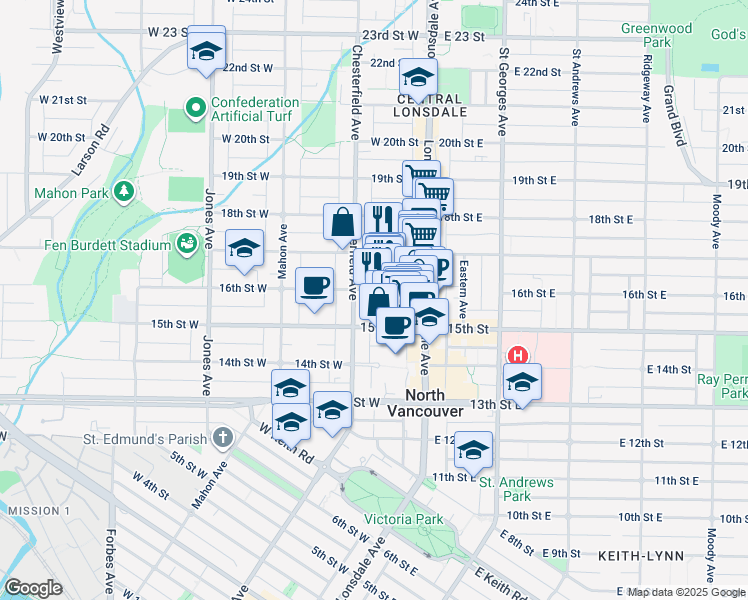 map of restaurants, bars, coffee shops, grocery stores, and more near 153 16th Street West in North Vancouver