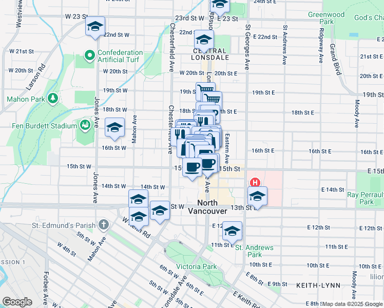 map of restaurants, bars, coffee shops, grocery stores, and more near 121 16th Street West in North Vancouver