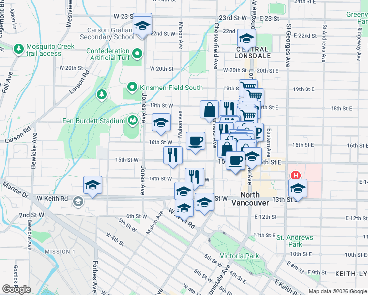 map of restaurants, bars, coffee shops, grocery stores, and more near in Vancouver