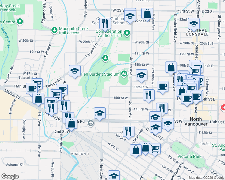 map of restaurants, bars, coffee shops, grocery stores, and more near in North Vancouver