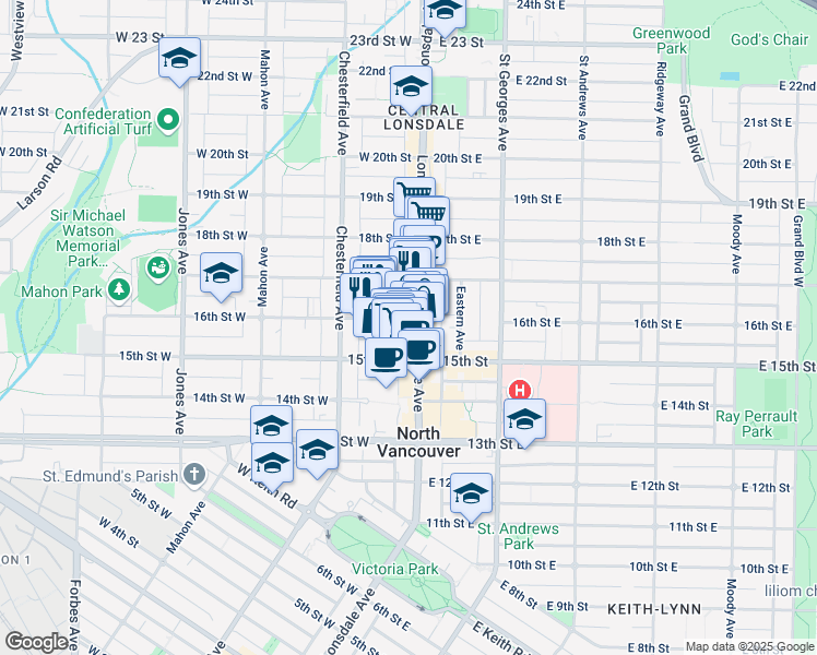 map of restaurants, bars, coffee shops, grocery stores, and more near 101 16th Street West in North Vancouver