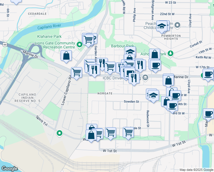 map of restaurants, bars, coffee shops, grocery stores, and more near 1523 Bowser Avenue in North Vancouver