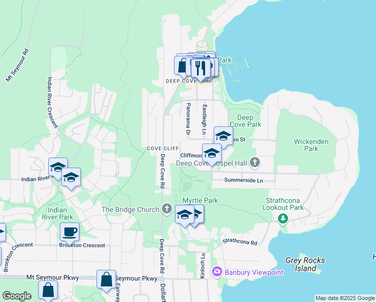 map of restaurants, bars, coffee shops, grocery stores, and more near 4320 Cliffmont Road in North Vancouver