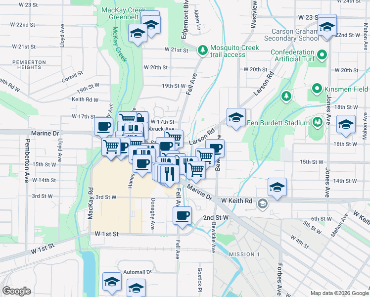 map of restaurants, bars, coffee shops, grocery stores, and more near 1550 Fell Avenue in North Vancouver