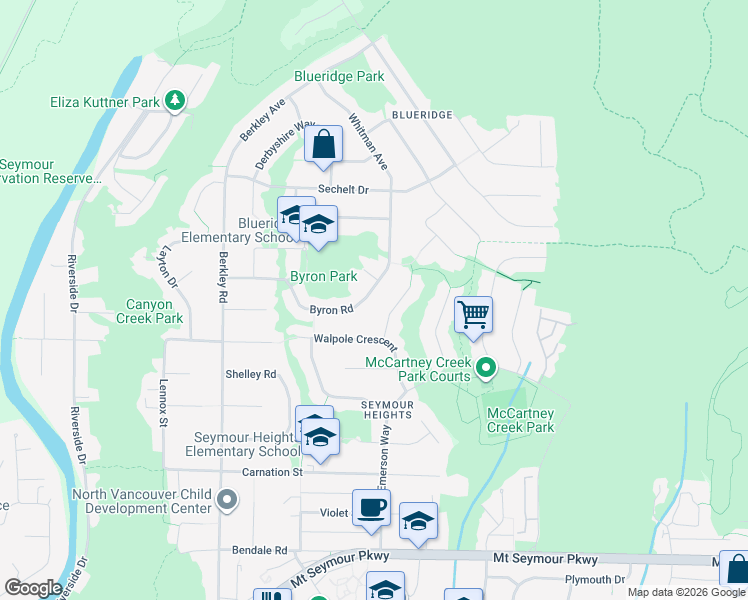 map of restaurants, bars, coffee shops, grocery stores, and more near 2717 Byron Road in North Vancouver