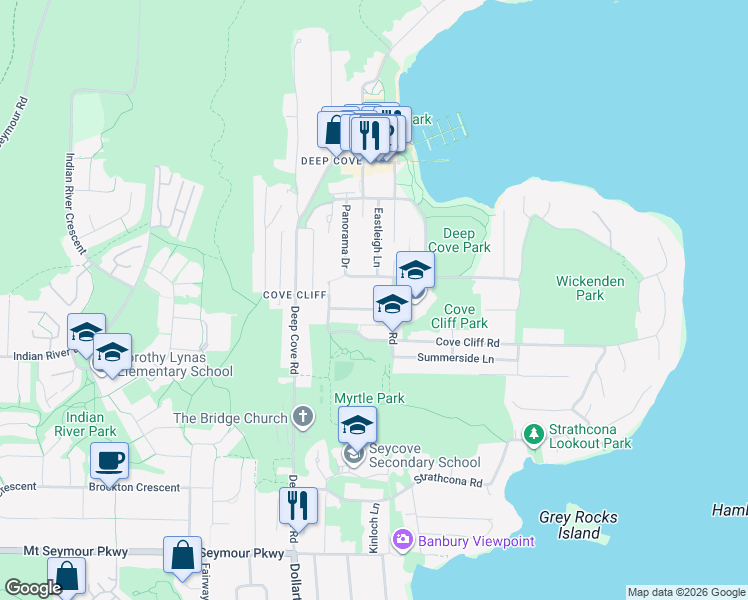 map of restaurants, bars, coffee shops, grocery stores, and more near 4368 Cliffmont Road in North Vancouver