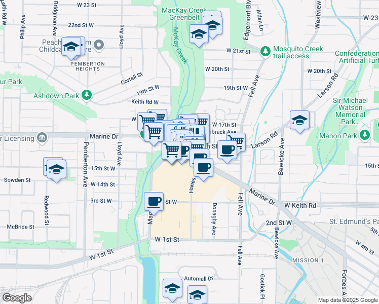 map of restaurants, bars, coffee shops, grocery stores, and more near 928 Marine Drive in North Vancouver