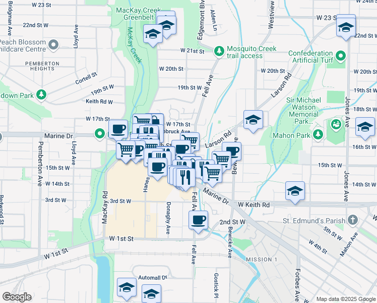 map of restaurants, bars, coffee shops, grocery stores, and more near 809 16th Street West in North Vancouver