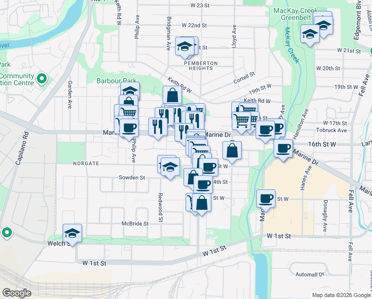 map of restaurants, bars, coffee shops, grocery stores, and more near in North Vancouver