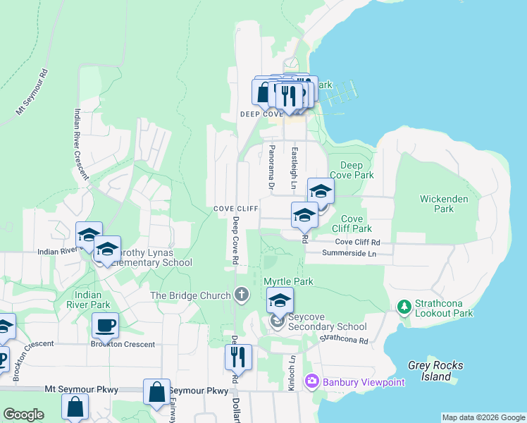 map of restaurants, bars, coffee shops, grocery stores, and more near 4304 Cliffmont Road in North Vancouver
