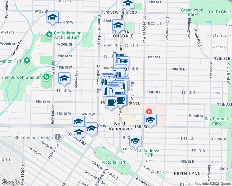 map of restaurants, bars, coffee shops, grocery stores, and more near 1102 16th Street West in North Vancouver