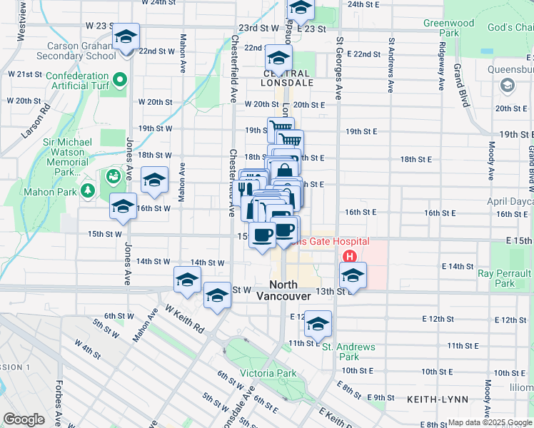 map of restaurants, bars, coffee shops, grocery stores, and more near 121 16th Street West in North Vancouver