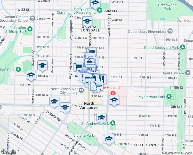 map of restaurants, bars, coffee shops, grocery stores, and more near 1555 Eastern Avenue in North Vancouver