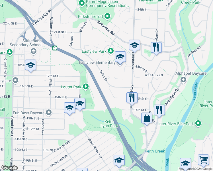 map of restaurants, bars, coffee shops, grocery stores, and more near 1715 Rufus Drive in North Vancouver