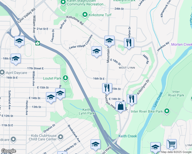 map of restaurants, bars, coffee shops, grocery stores, and more near 1244 16th Street in North Vancouver