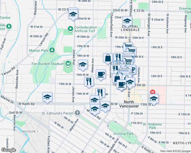 map of restaurants, bars, coffee shops, grocery stores, and more near 261 16th Street West in North Vancouver
