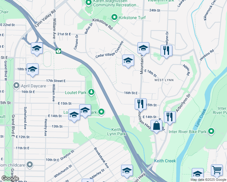 map of restaurants, bars, coffee shops, grocery stores, and more near 1715 Rufus Drive in North Vancouver