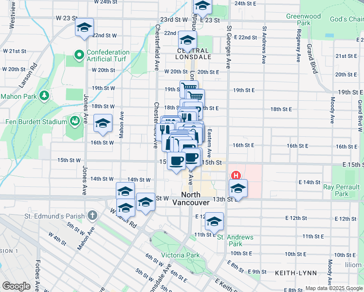 map of restaurants, bars, coffee shops, grocery stores, and more near 101 16th Street West in North Vancouver