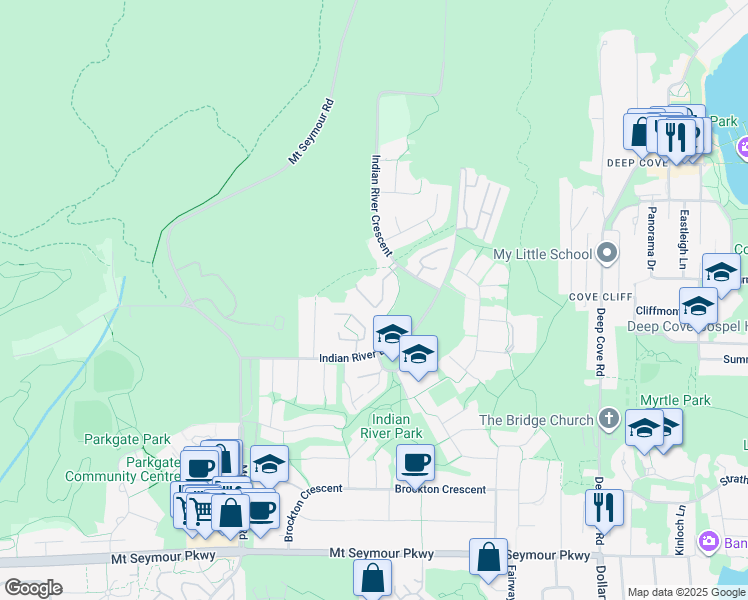 map of restaurants, bars, coffee shops, grocery stores, and more near 1925 Indian River Crescent in North Vancouver