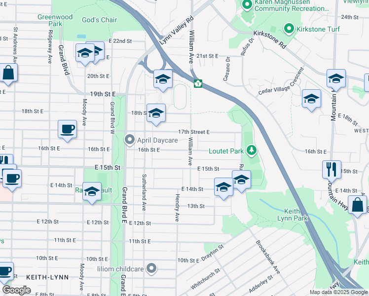 map of restaurants, bars, coffee shops, grocery stores, and more near 780 16th Street East in North Vancouver