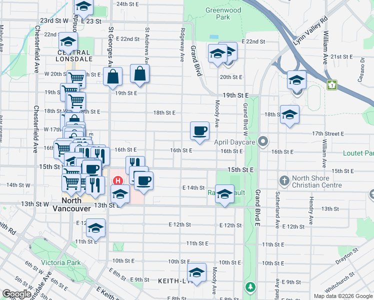map of restaurants, bars, coffee shops, grocery stores, and more near in North Vancouver
