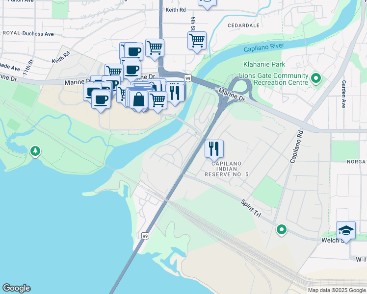 map of restaurants, bars, coffee shops, grocery stores, and more near 222 Tyee Drive in West Vancouver
