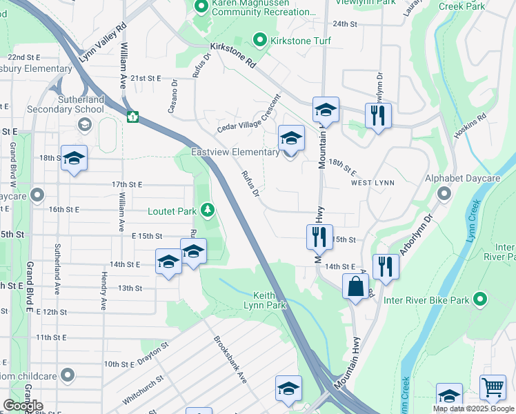 map of restaurants, bars, coffee shops, grocery stores, and more near 1715 Rufus Drive in North Vancouver