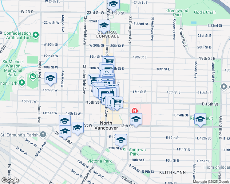 map of restaurants, bars, coffee shops, grocery stores, and more near 1555 Eastern Avenue in North Vancouver
