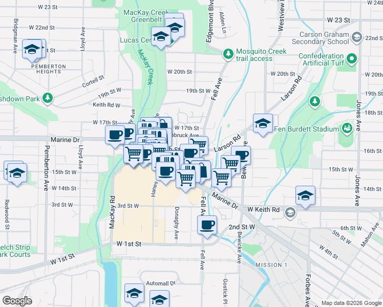 map of restaurants, bars, coffee shops, grocery stores, and more near in North Vancouver