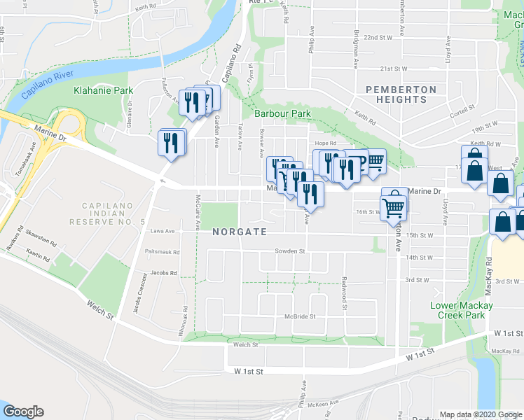 map of restaurants, bars, coffee shops, grocery stores, and more near 1528 Bowser Avenue in North Vancouver